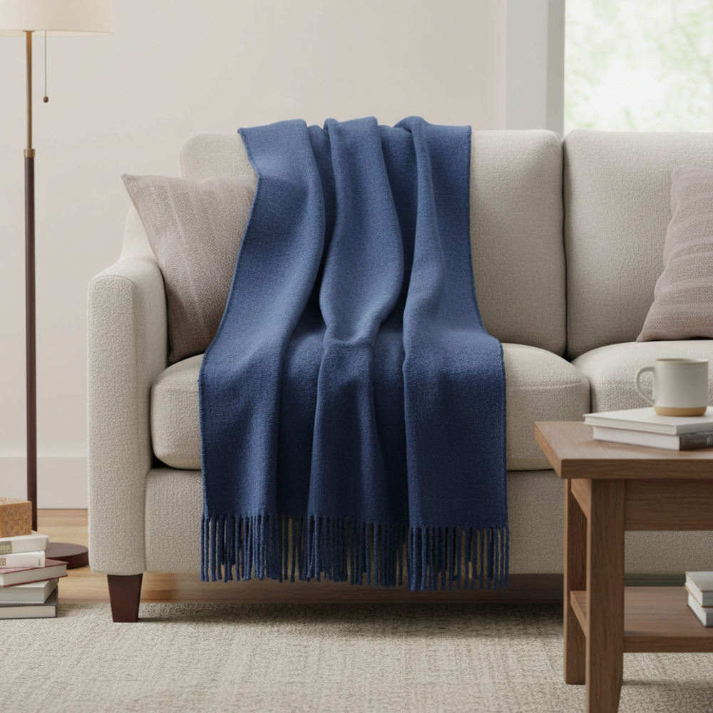 Blue Recycled Cotton Fringed Throw Blanket 50x70 Oeko-Tex